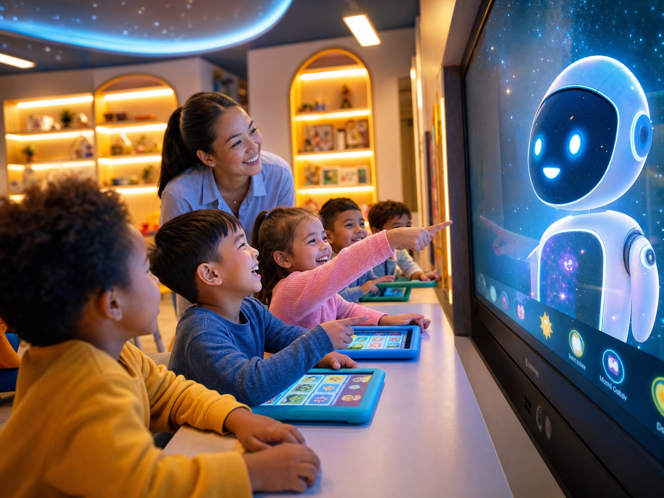 Child using Alpha1 AI learning technology at Meadow Oaks Academy